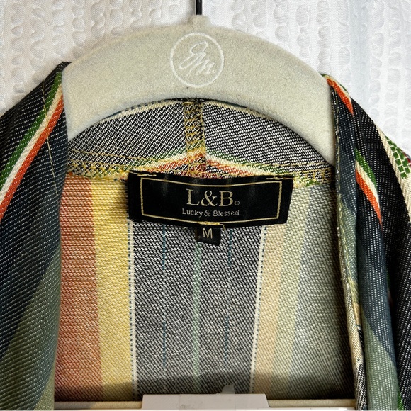 L&B Medium Serape Open Vest Striped Southwest Cowboy Rodeo Green Orange Yellow - Picture 2 of 9